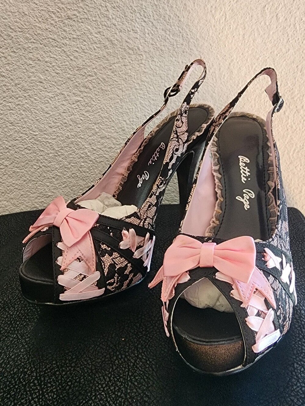 Bettie Page By Ellie Pink & Black Lace Peep-Toe Slingback Heels